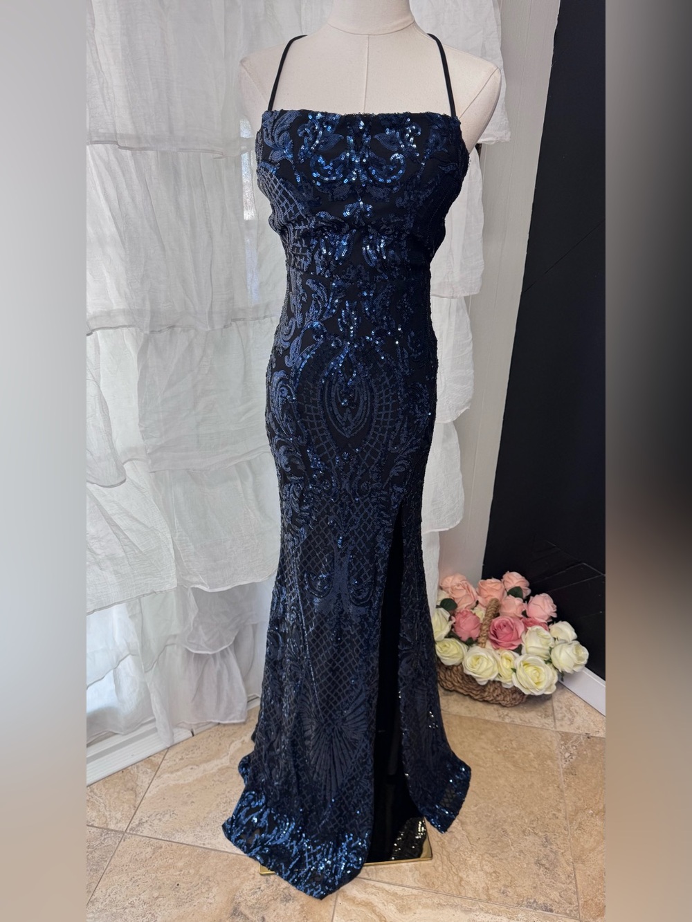 Windsor Navy Sequin Halter Gown with Thigh Slit - Picture 16 of 16